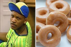 Will Smith is on the left looking concerned with a pile of glaze donuts on the right