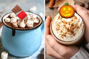 A cup of hot chocolate is on the left with a bar emoji and a cup of pumpkin spice latte on the right with a pumpkin emoji