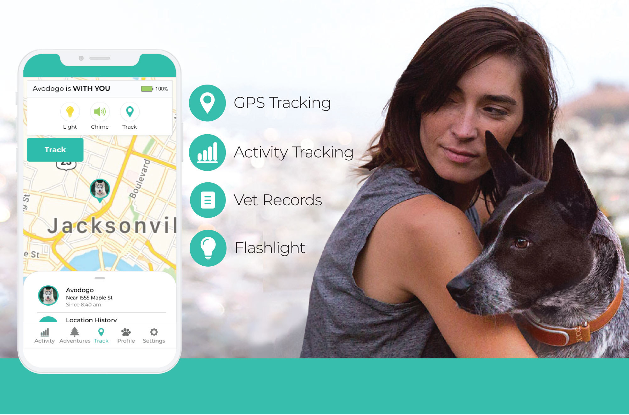 Dog wearing the collar next to depiction of the GPS and activity tracking app 