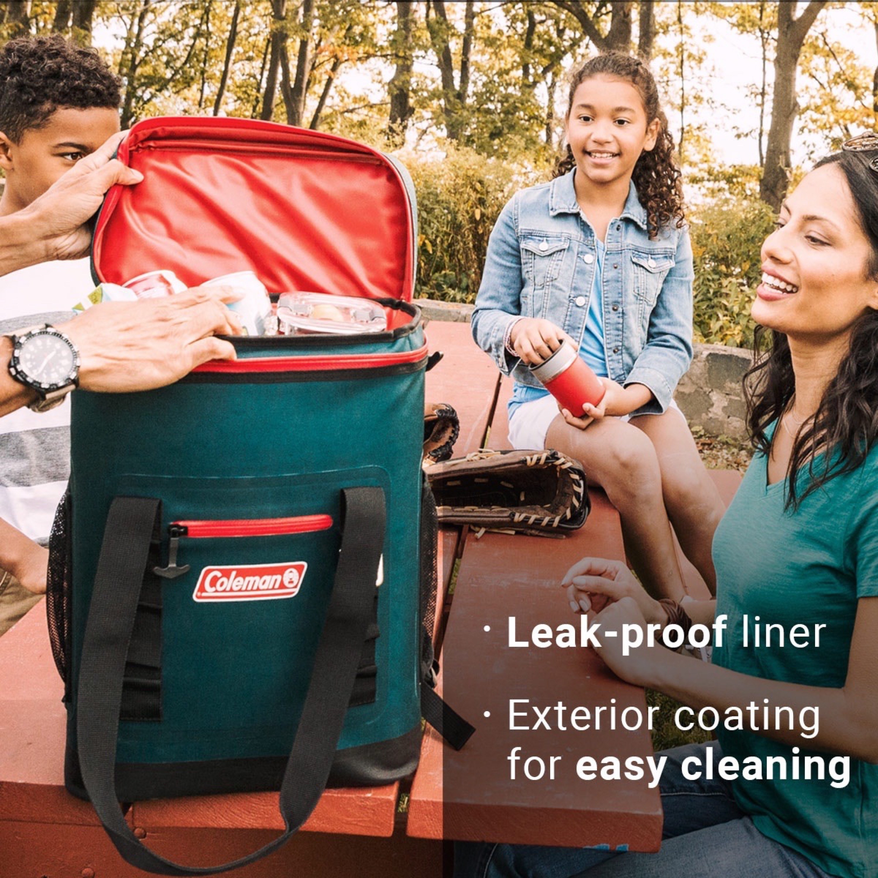 The red and green backpack with text about its leak-proof liner and exterior coating for easy cleaning  