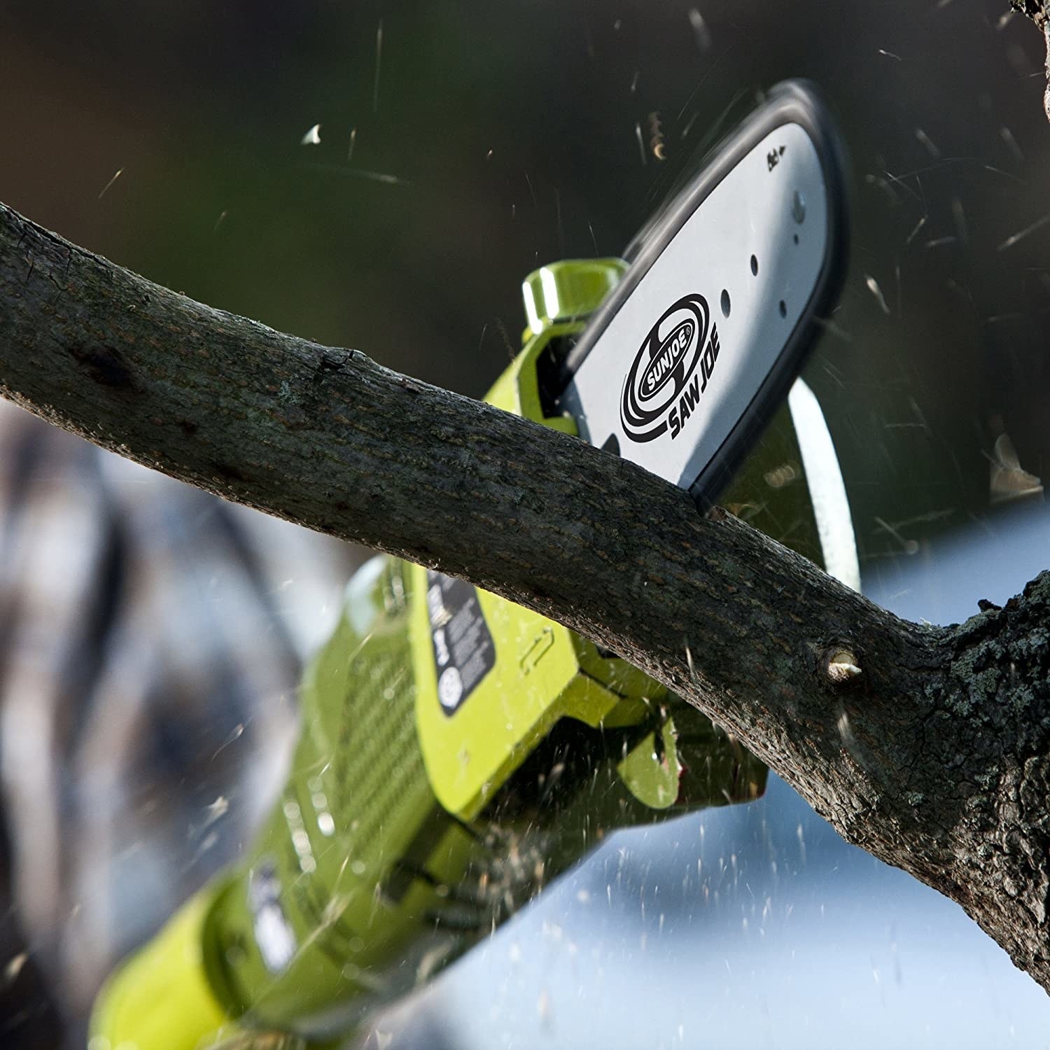 Close-up of of the saw cutting a tree branch