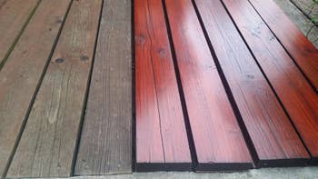 Reviewer before and after photo showing the oil colored their deck and made it shiny