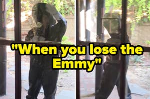 Hazmat-wearing Emmy presenter leaving Ramy Youssef's house with the caption "when you lose the emmy"