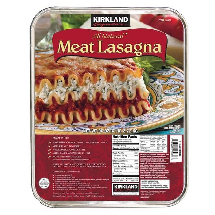 A Kirkland signature frozen meat lasagna.
