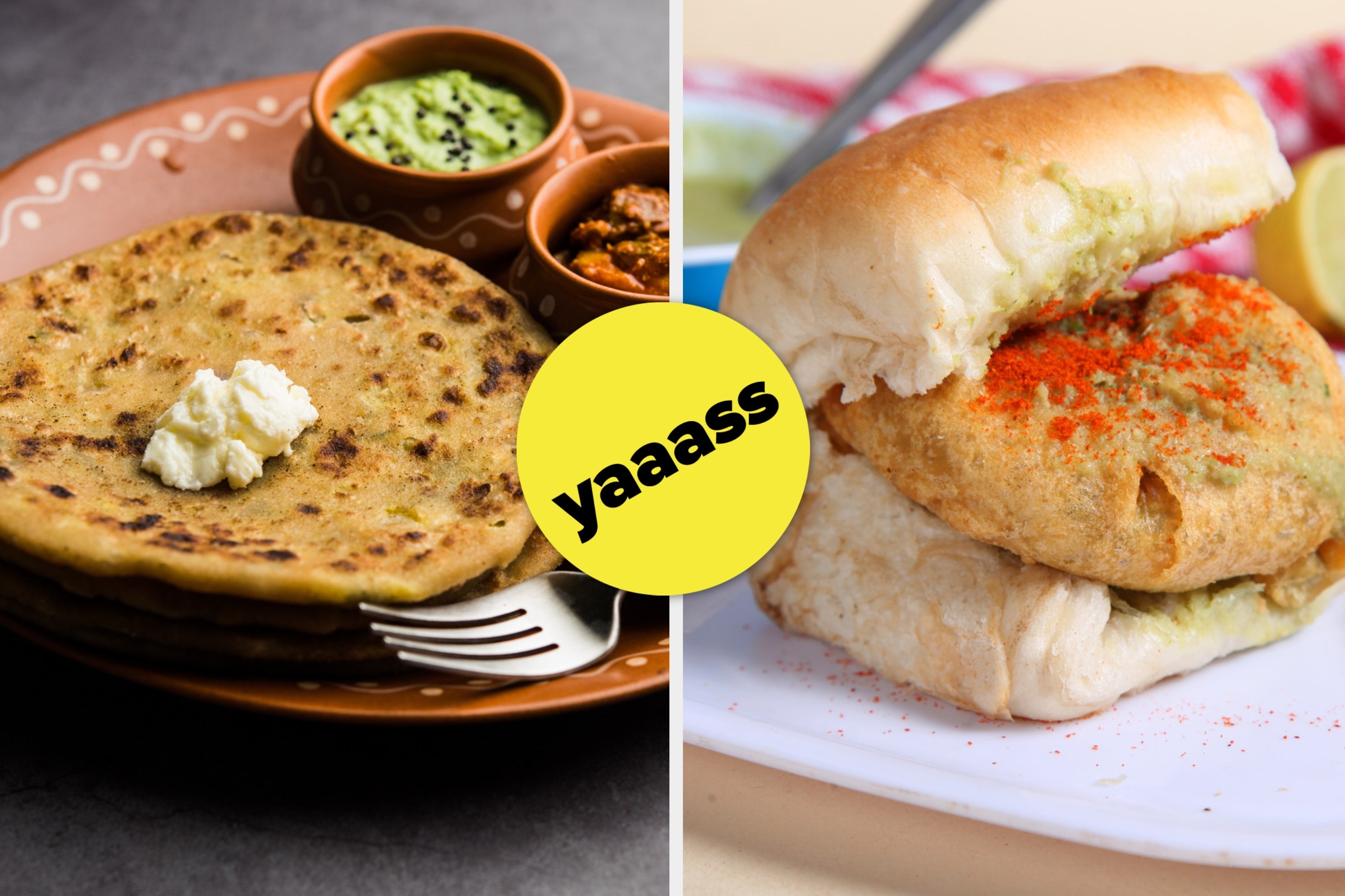 A collage of some aloo paratha and vada pav