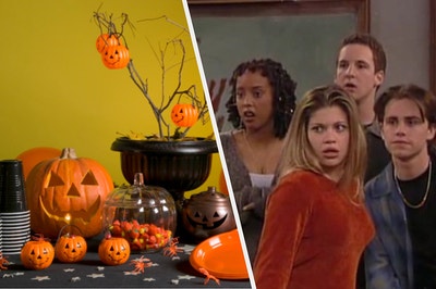 A table full of Halloween decorations is on the left with the cast of "Boy Meets World" on the right
