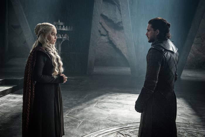 Still from Game of Thrones: Jon Snow faces Daenerys in the throne room of Dragonstone, 