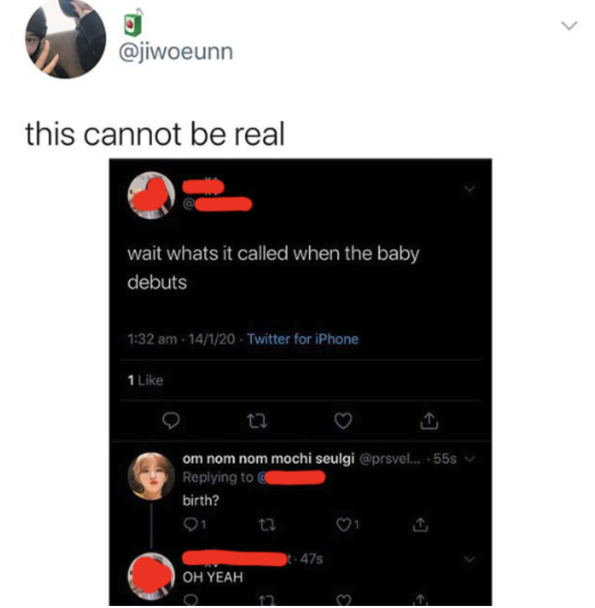 tweet of someone asking what it&#x27;s called when a baby debuts and the other person answers it&#x27;s called birth
