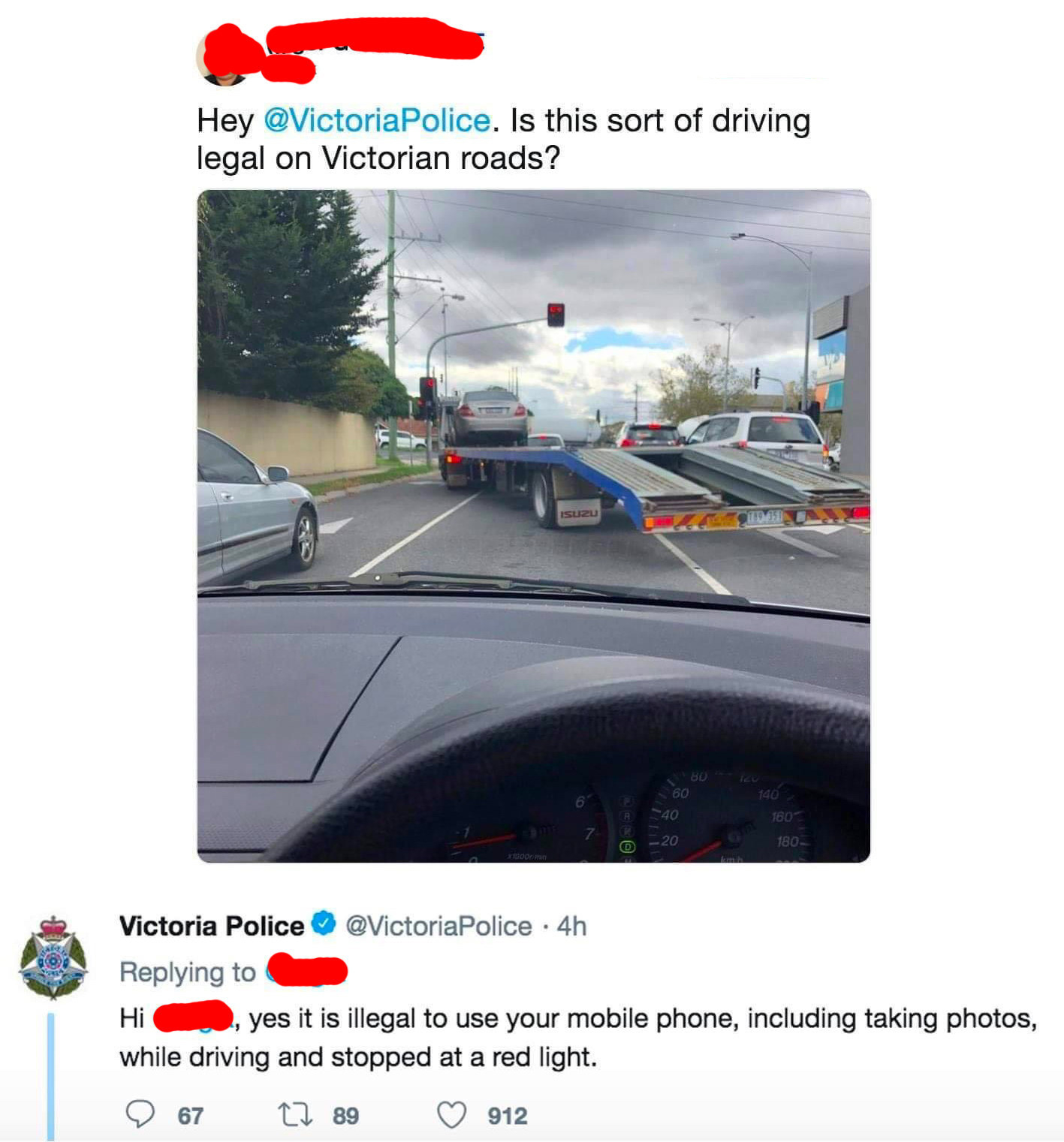 tweet of someone tweeting at the police about legal driving and they get called out on using their phone