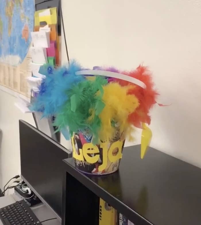 A basket of rainbow-colored feathers sits on a bookcase in a classroom