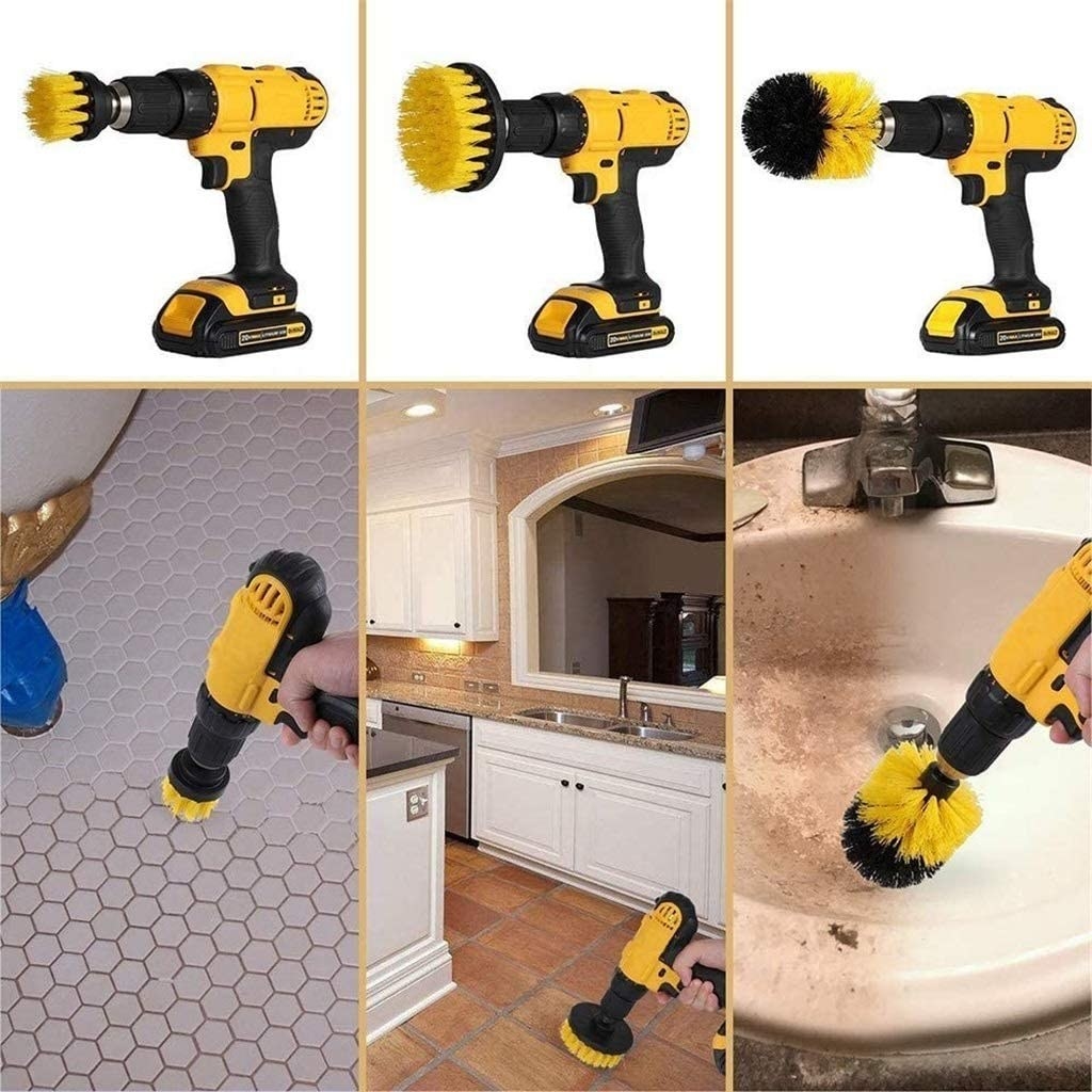 The scrub brush drill attachments cleaning the bathroom floor, kitchen floor, and bathroom sink