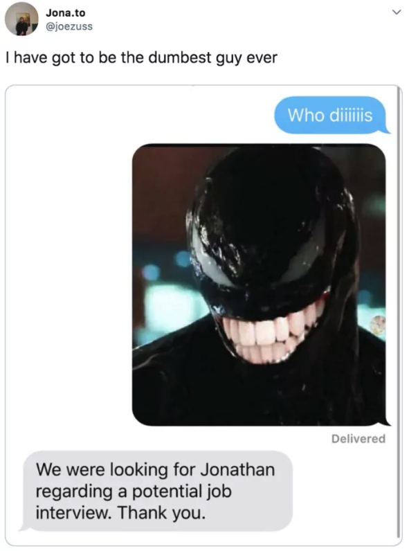 text message conversation of someone saying who is this and sending a weird meme and it turns out it&#x27;s a job recruiter