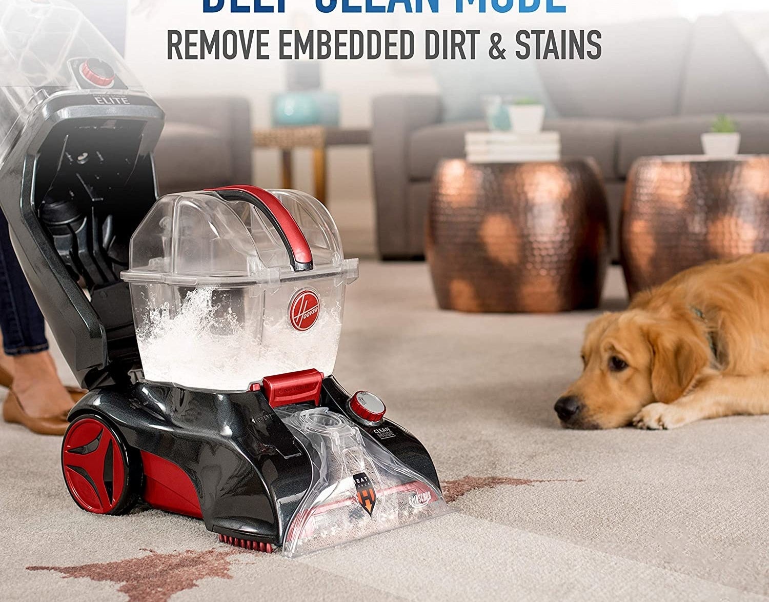 The vacuum in deep clean mode removing deep-set stains like red wine 