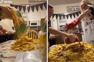 Group of friends making a nacho table.