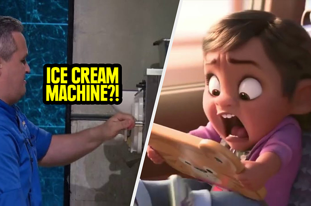 A chef trying to use an ice cream machine as a girl watching screams
