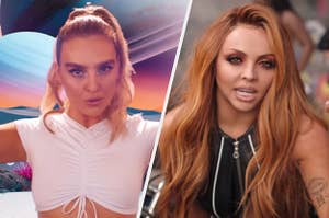 On the left, Perrie in the "Holiday" music video, and on the right, Jesy in the "Power" music video