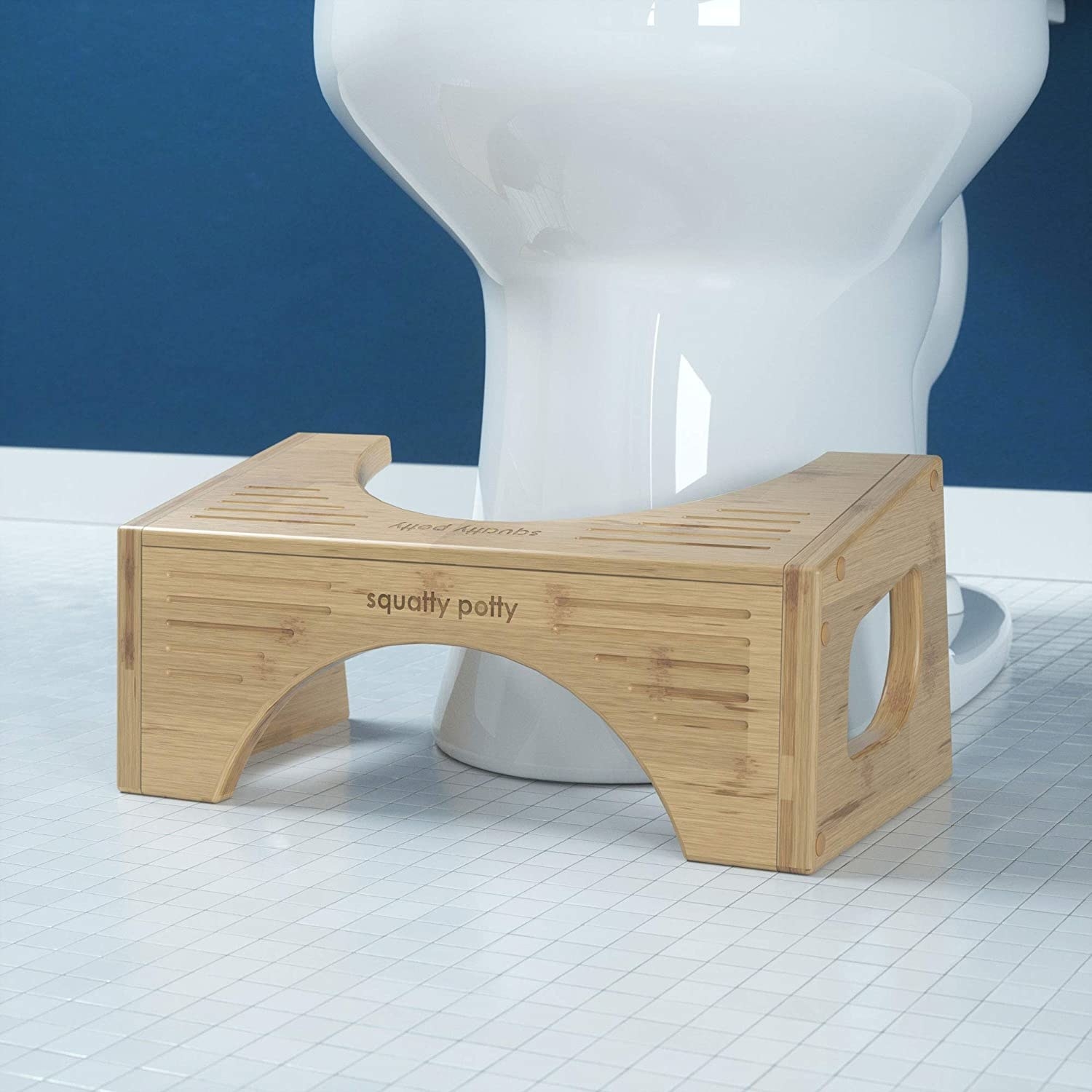 The bamboo stool in front of a toilet