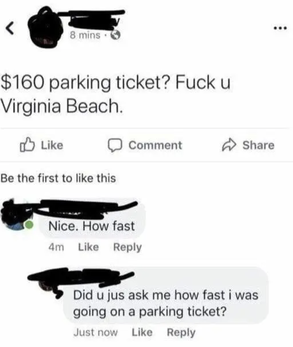 facebook post of someone asking how fast another&#x27;s parking ticket was and they say did you just ask how fast i was going on a parking ticket
