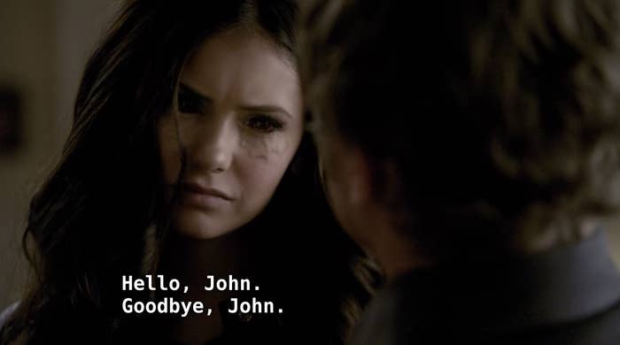 Katherine killing John in the middle of Elena&#x27;s kitchen. 