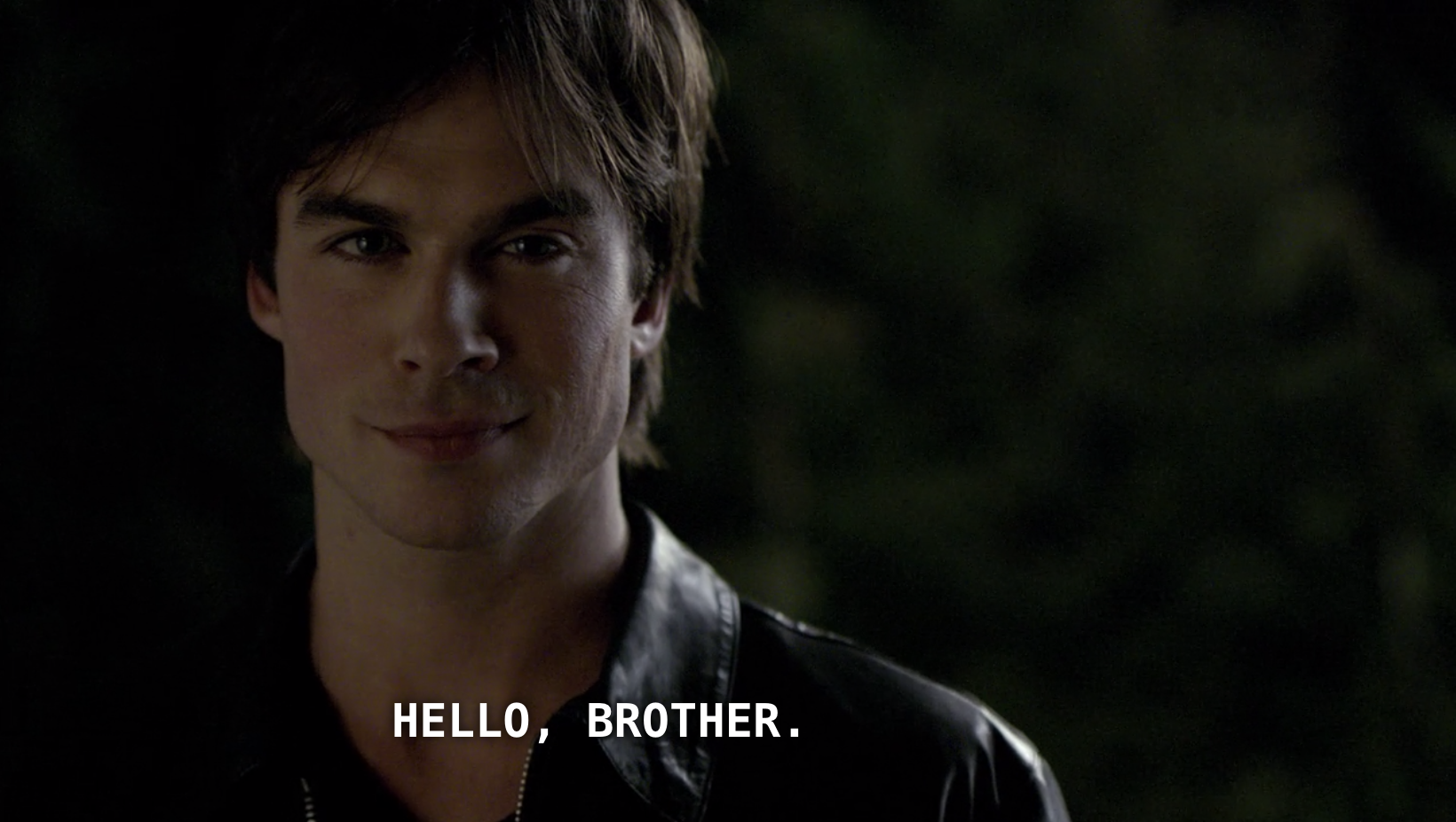 Damon greeting Stefan with his iconic &quot;Hello, brother.&quot; 