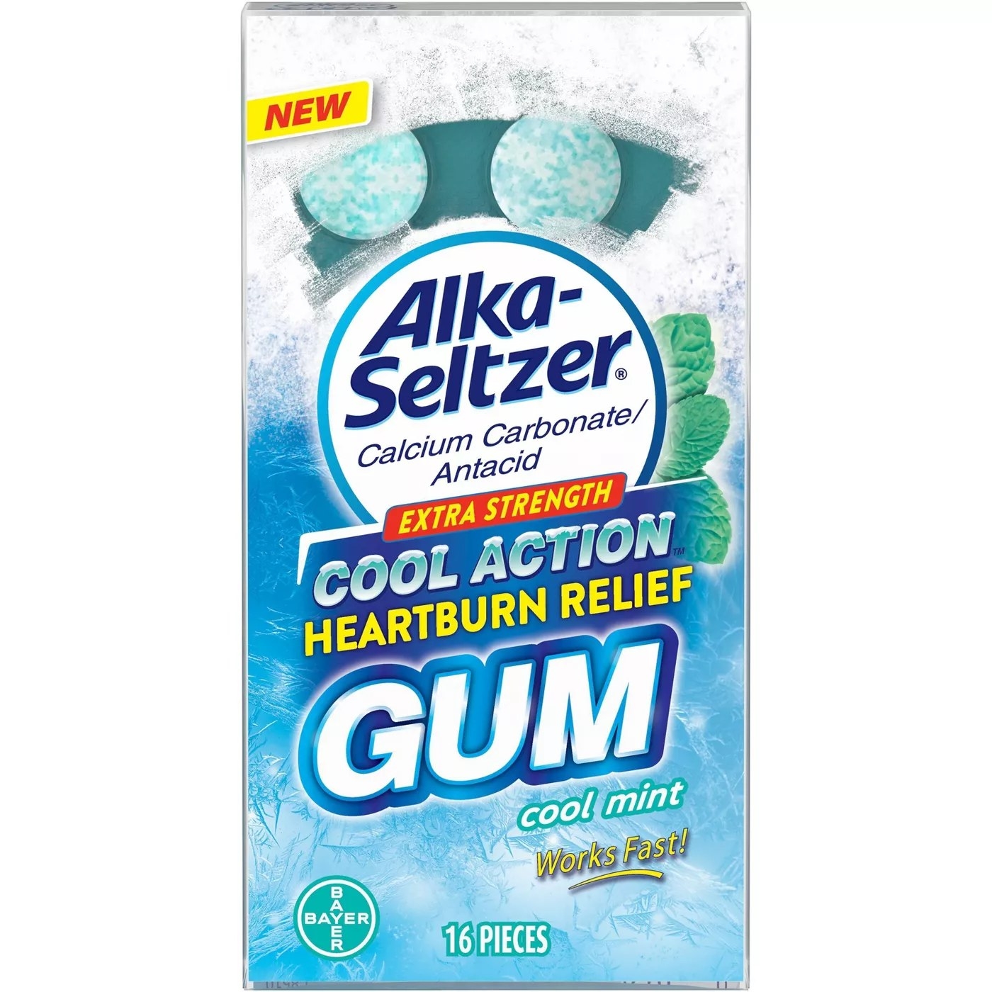 Alka-Seltzer Calcium Carbonate Antacid Extra Strength Cool Action Heartburn Relief Gum with a cool mint flavor that works fast