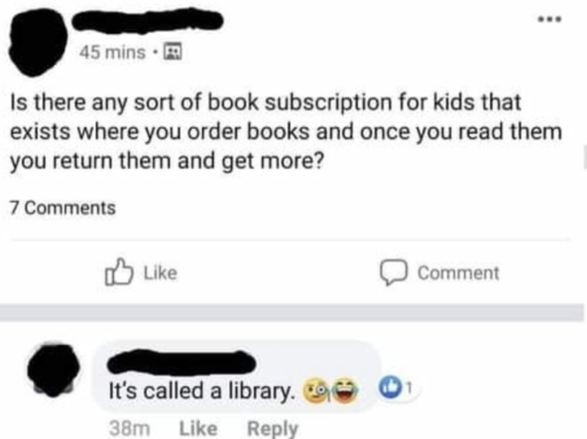 facebook post of someone asking for a service where you can order books and return them to get more