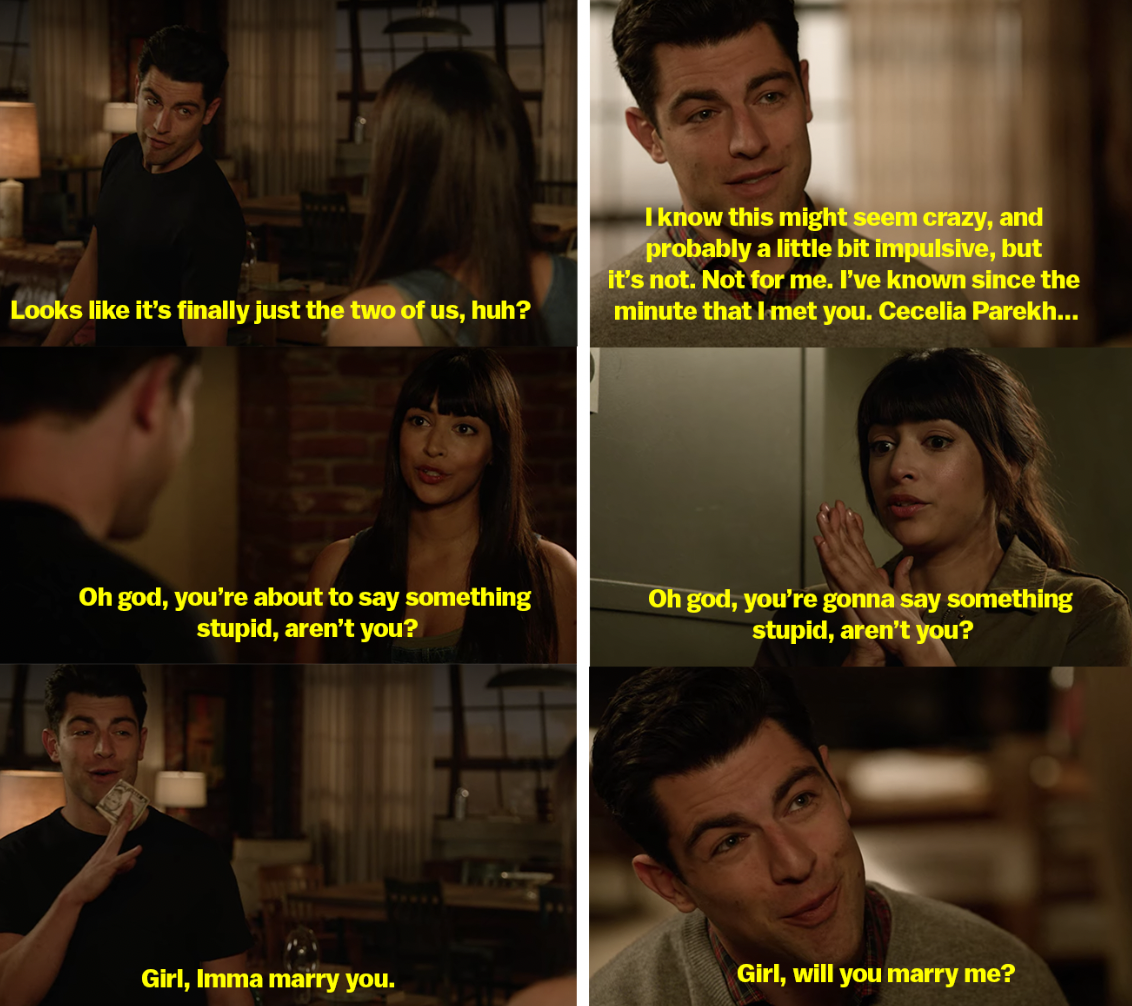 Schmidt reminds Cece of their first meeting, when he said he&#x27;d marry her, before asking her to marry him for real this time