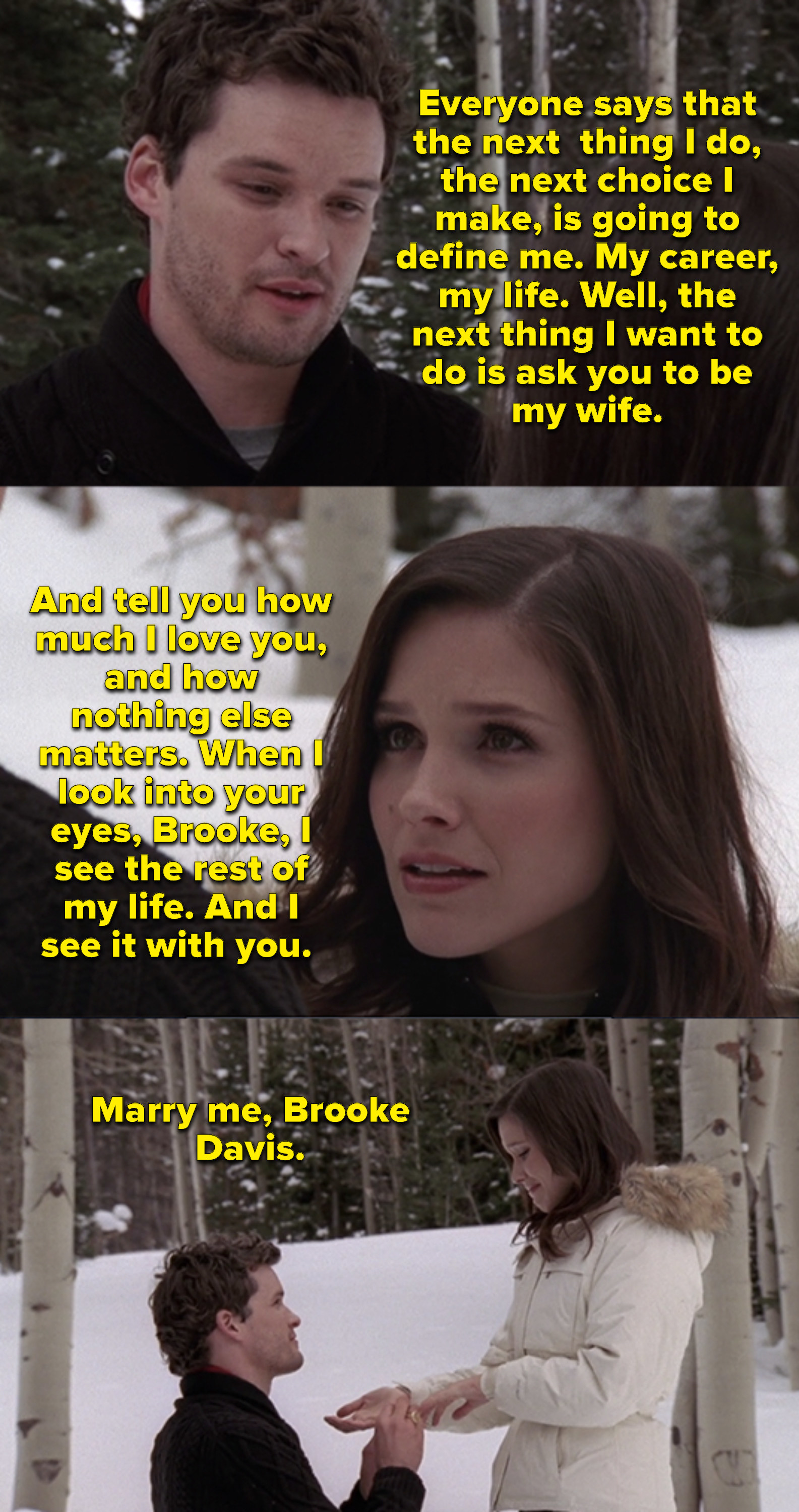 Julian asks Brooke to marry him in the snow, saying everyone&#x27;s saying the next big step he makes will define his life, and that he wants that move to be to marry her