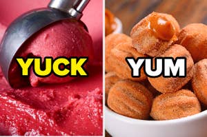 A scoop of raspberry gelato with "yuck" written over it and small churros with "yum" written over them
