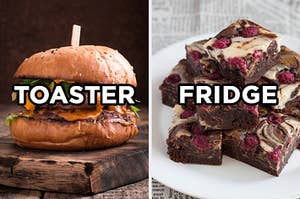 On the left, a cheeseburger labeled "toaster," and on the right a plate of raspberry cheesecake brownies labeled "fridge"