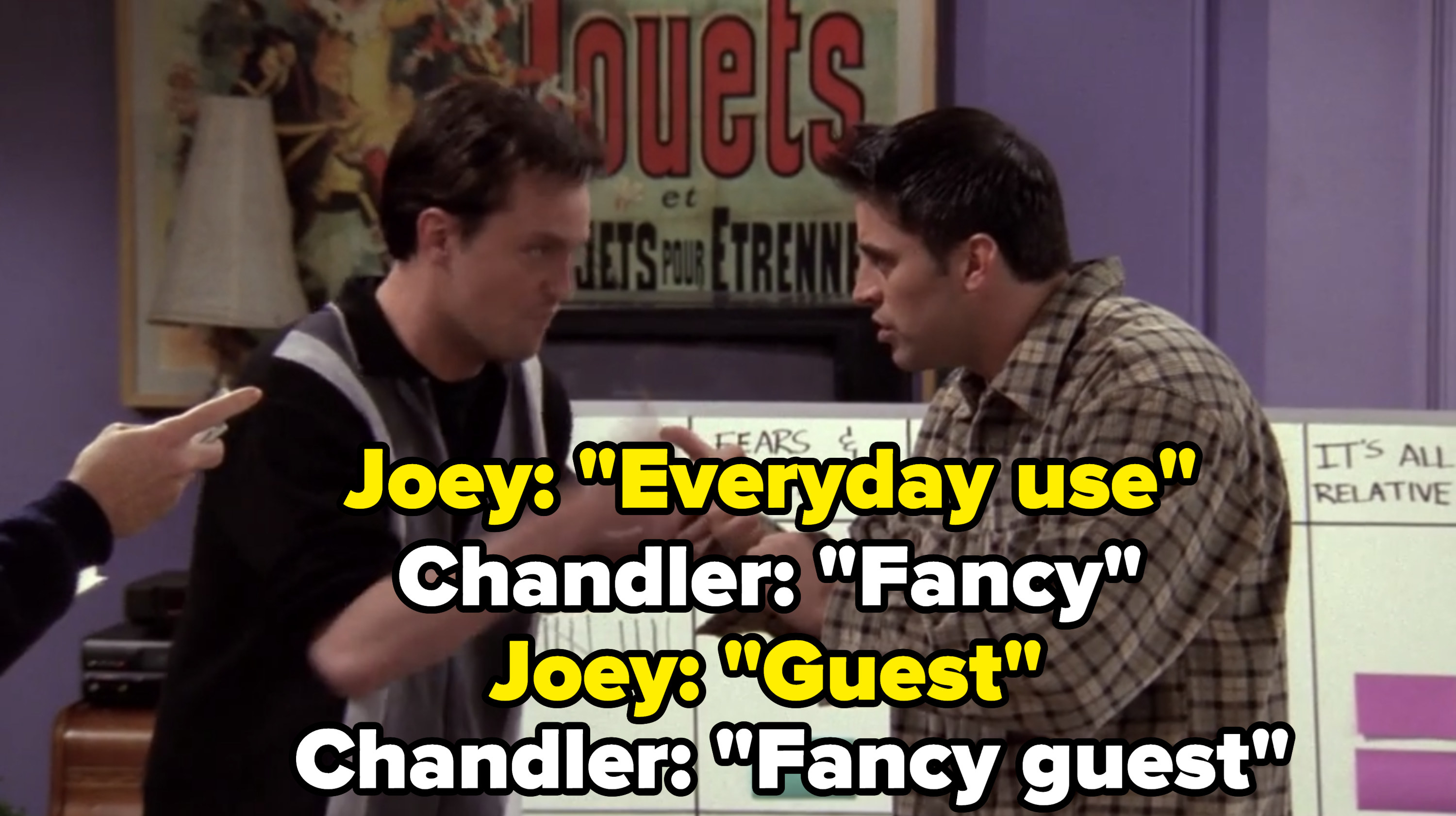 Joey and Chandler list Monica&#x27;s towel categories: &quot;Everyday use, fancy, guest, fancy guest.&quot; 