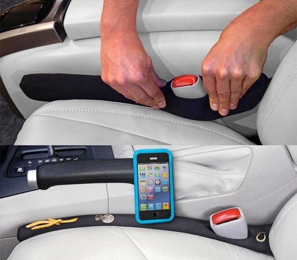 person installing a car seat gap filler on top and the gap filler catching a phone, earring, french fry, and coins on the bottom
