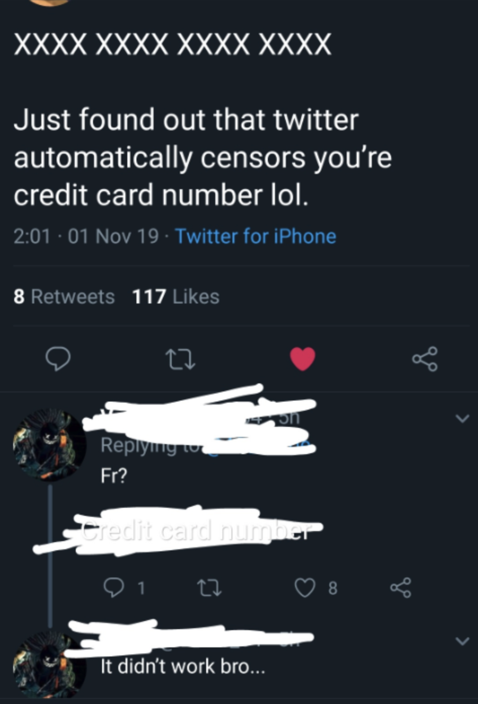 twitter scam where someone says twitter will censor your credit card number if you post it and it doesn&#x27;t work