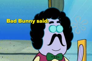 An animated sea creature with a mustache and fluffy black hair.