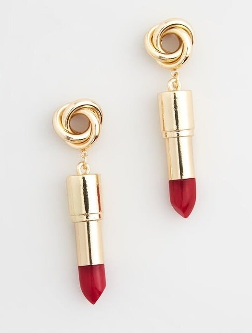 The gold and red lipstick-shaped drop earrings