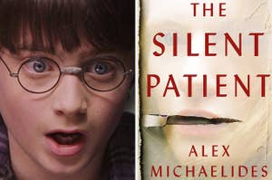Harry Potter looking shocked side-by-side with the cover of Alex Michaelides' "The Silent Patient"