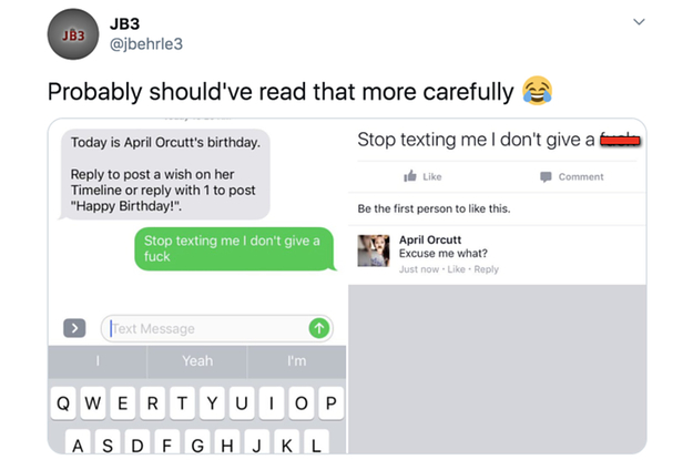 a person recieves an automated birthday message and replies rudely to it and it posts on another person's wall