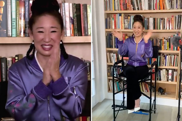 Sandra Oh wearing a purple jacket at the 2020 Emmy Awards