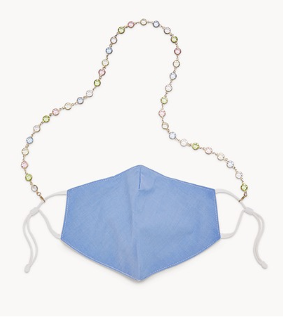 A face mask with gem-like beads in pale green, white, pink, and blue 
