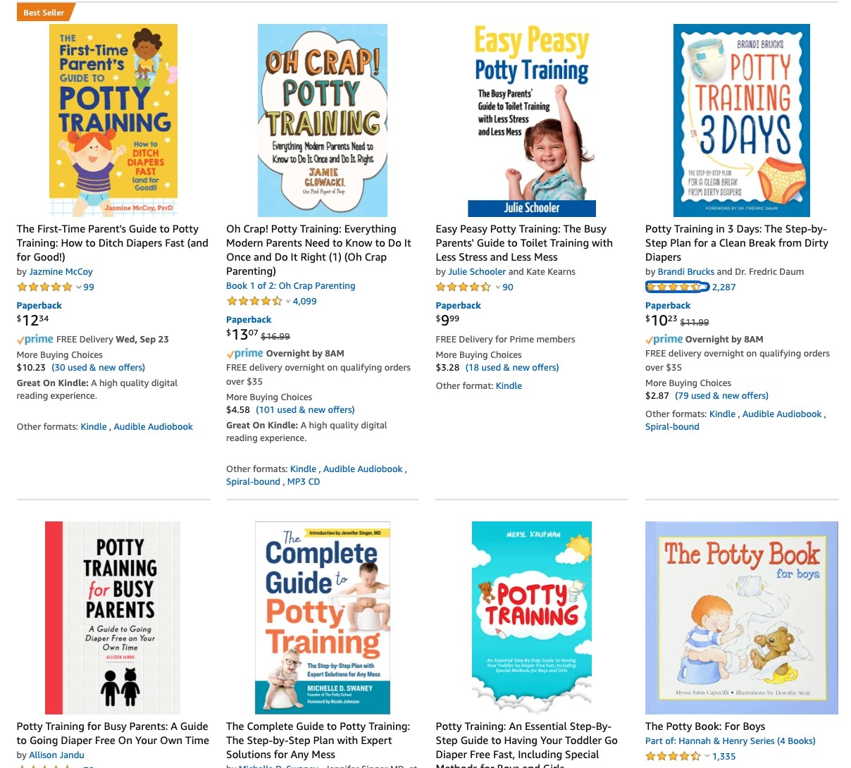 A screenshot of Amazon&#x27;s potty training book selection.