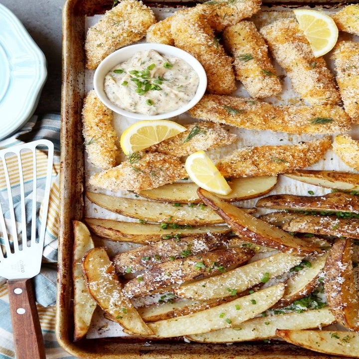 Sheet pan crispy fish and chips.