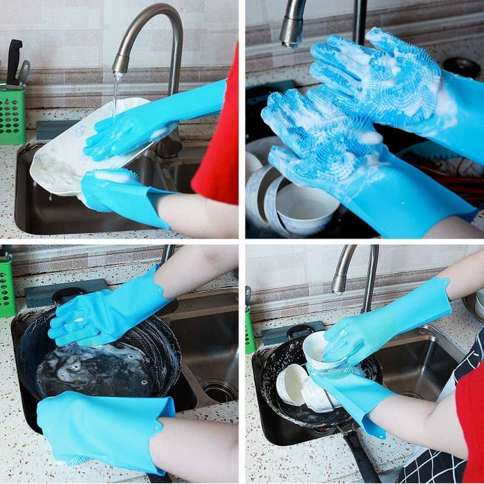 A compilation of images showing a person washing dishes while wearing the gloves.