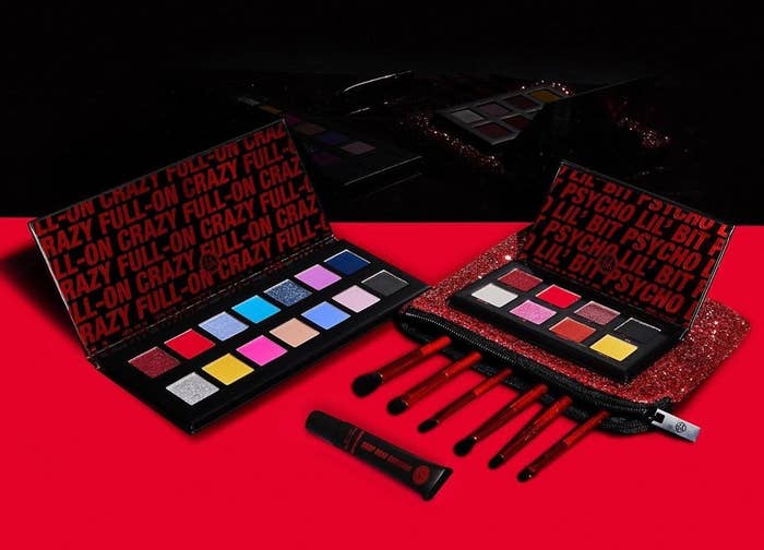 The full collection, which includes two eyeshadow palettes, a glitter gel, and makeup brush set
