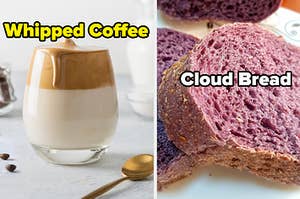 A cup of milk topped off with light, whipped coffee is on the left and next to it is purple bread