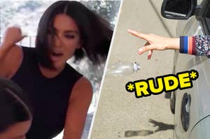 Kim Kardashian getting angry at Kourtney on the right, and someone throwing a water bottle out of their car window on the left with "rude" written under it