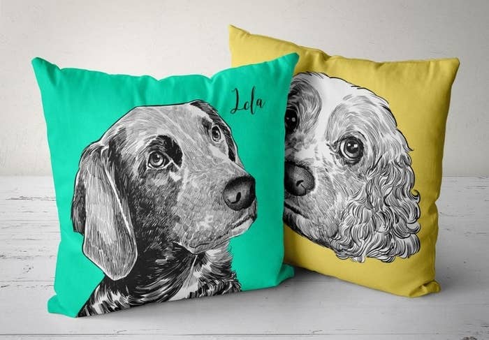 The personalized pet pillows in green and yellow