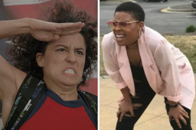 Saluting woman next to a squinting woman