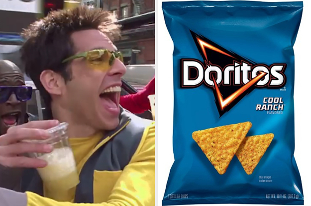 Derek Zoolander driving a car while drinking an iced coffee on the left, and a bag of cool ranch doritos on the right