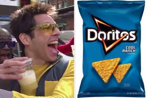 Derek Zoolander driving a car while drinking an iced coffee on the left, and a bag of cool ranch doritos on the right