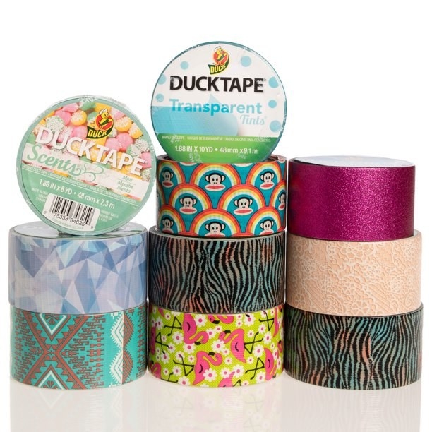10 roles of duck tape in various colors and patterns